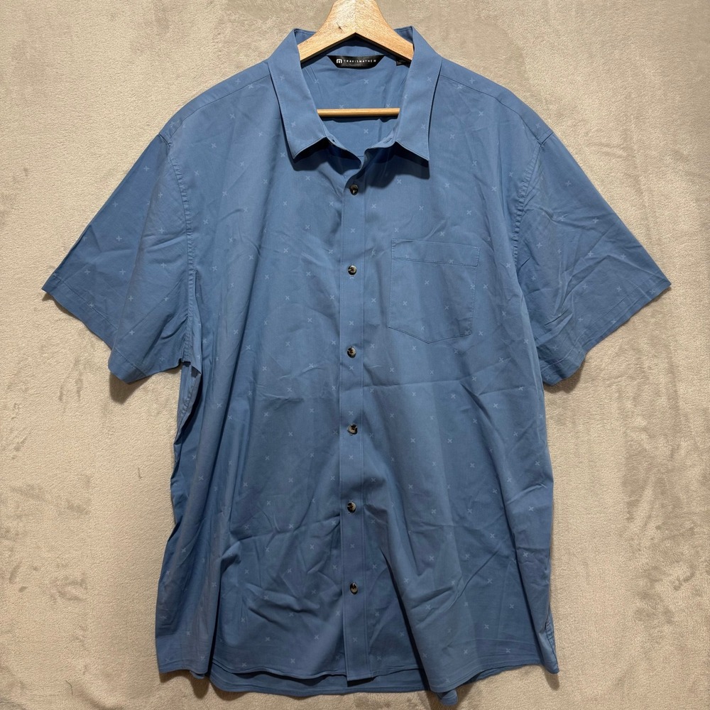 TravisMathew Mens XXL‎ Blue Short Sleeve Button Down Shirt Geometric Print Golf